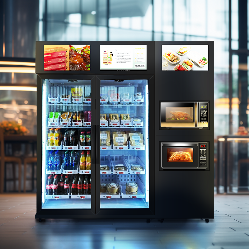 Vending machine for prepared meals with microwave oven